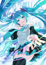 1girl 2024 :d aqua_hair aqua_necktie aqua_trim arm_tattoo black_boots black_skirt black_sleeves blue_eyes blue_nails boots detached_sleeves dress_shirt floating_hair grey_shirt hatsune_miku headset long_hair microphone miniskirt nail_polish necktie number_tattoo open_mouth pleated_skirt reaching reaching_towards_viewer shirt skirt sleeveless sleeveless_shirt smile solo standing tattoo thigh_boots thighhighs twintails tyouya very_long_hair vocaloid zettai_ryouiki