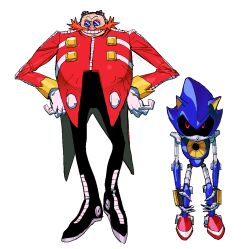 Rule 34 | 2boys, animal ears, armor, bald, black pants, black sclera, blue-tinted eyewear, blue armor, brown facial hair, claws, coat, colored sclera, dr. eggman, ennuikalart, facial hair, facing viewer, full body, goggles, goggles on head, grin, hands on own hips, hedgehog boy, humanoid robot, long sleeves, male focus, metal sonic, multiple boys, mustache, orange hair, pants, red coat, red eyes, robot, round eyewear, simple background, smile, sonic (series), standing, sunglasses, tinted eyewear, white background