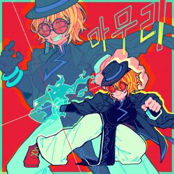 1girl aqua_border black_coat black_dress black_gloves black_hat blonde_hair border china_dress chinese_clothes cinq_association_east_uniform coat coat_on_shoulders cottonwings don_quixote_(project_moon) dress earrings full_body glasses gloves hat highres jade_bracelet jewelry limbus_company looking_at_viewer multiple_views ofuda_earrings opaque_glasses pants partially_opaque_glasses project_moon red-tinted_eyewear red_background red_shoes round_eyewear shoes short_hair simple_background single_earring single_glove solo standing tilted_headwear tinted_eyewear white_pants yellow_eyes
