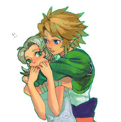 1boy 1girl blonde_hair blue_eyes earrings green_eyes hetero hug hug_from_behind ilia jewelry link nintendo pointy_ears the_legend_of_zelda the_legend_of_zelda:_twilight_princess yo_mo