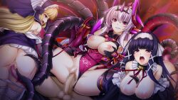1boy 3girls abystia_dragoon anus ass black_hair blonde_hair blush breasts breasts_out censored clothing_aside collar corruption doggystyle game_cg gloves grabbing_own_breast grin group_sex hairband harem hetero horns inoino kouyoku_senki_exs-tia large_breasts large_variant_set leash leotard long_hair looking_at_viewer mosaic_censoring multiple_girls nipples non-web_source official_art open_mouth panties penis pointy_ears pubic_tattoo purple_eyes purple_hair pussy red_eyes reverse_cowgirl_position ribbon rieszverne_suzette_paladill sex sex_from_behind smile straddling tail tattoo tentacles thighhighs underwear vaginal variant_set white_hair white_panties white_thighhighs