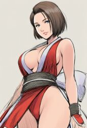 Rule 34 | 1girl, bare shoulders, blue eyes, breasts, brown hair, cleavage, cosplay, cowboy shot, grey background, highres, jaydamon, jill valentine, large breasts, light smile, pelvic curtain, plunging neckline, red robe, resident evil, resident evil 3: nemesis, revealing clothes, robe, shiranui mai, shiranui mai (cosplay), short hair, solo, street fighter, swept bangs, the king of fighters