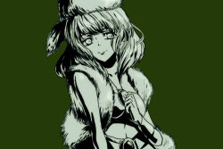 1girl belt bracer breasts cleavage commentary_request dragon_quest dragon_quest_x fur_hat fur_vest green_background greyscale_with_colored_background hat kuraha_(dq10) large_breasts looking_to_the_side medium_hair navel ozogori_(user_tzaz2447) smile solo strapless tube_top upper_body