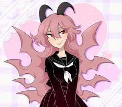 Rule 34 | alternate costume, black sailor collar, black shirt, black skirt, breasts, closed mouth, demon girl, demon horns, funamusea, gallaxi, hair between eyes, heart, horns, large breasts, lil (funamusea), long hair, long sleeves, looking to the side, neckerchief, pink hair, pink theme, pleated skirt, red eyes, sailor collar, school uniform, shirt, skirt, slit pupils, smile, solo, sparkle, upper body, white neckerchief