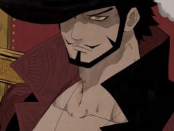 1boy adam&#039;s_apple bake_ryori beard black_hat closed_mouth collarbone dracule_mihawk expressionless facial_hair hat high_collar highres looking_at_viewer male_focus mustache one_piece orange_eyes ringed_eyes solo thick_neck