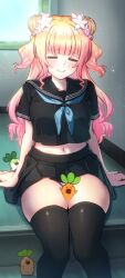 1girl =_= alternate_costume black_serafuku black_shirt black_skirt black_thighhighs blonde_hair blue_neckerchief blunt_bangs blush closed_eyes closed_mouth cropped_shirt double_bun facing_viewer flower gradient_hair hair_bun hair_flower hair_ornament hair_over_shoulder hand_rest head_between_legs highres hololive indoors long_hair midriff miniskirt momosuzu_nene multicolored_hair navel neckerchief nekko_(momosuzu_nene) panties panty_peek pink_flower pink_hair pleated_skirt school_uniform serafuku shirt shoumoku sitting skirt smile stairs sweat thighhighs thighs two_side_up underwear virtual_youtuber window