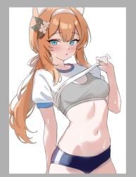 1girl animal_ear_fluff animal_ears blue_archive blue_buruma buruma clothes_lift flower gym_shirt gym_shorts gym_uniform hair_flower hair_ornament hairband halo long_hair looking_at_viewer low_ponytail mari_(blue_archive) mari_(track)_(blue_archive) marisasu_(marisa0904) navel official_alternate_costume orange_hair ponytail shirt shirt_lift shorts solo sports_bra white_flower white_hairband yellow_halo