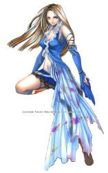 00s 1girl bare_shoulders blue_eyes boots breasts brown_hair cleavage detached_sleeves female_focus final_fantasy final_fantasy_x final_fantasy_x-2 full_body jewelry lenne_(ff10) long_hair microskirt midriff navel necklace skirt solo white_background zin_amami
