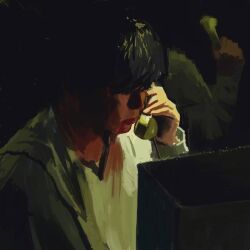 Rule 34 | 1boy, black hair, covered eyes, holding, holding phone, long sleeves, looking at object, monitor, original, painting (medium), phone, short hair, slow d, solo, traditional media