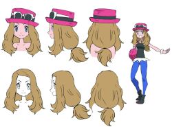2024_pokemon_teraleak bag blonde_hair blue_eyes boots concept_art hat long_hair looking_at_viewer nintendo nude official_art open_mouth pants pokemon pokemon_xy serena_(pokemon) shade simple_background smile sugimori_ken