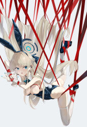 1girl absurdres animal_ears aritsuno ass blonde_hair blue_archive blue_eyes blue_hair blue_halo blue_leotard blue_shoes braid breasts commentary detached_collar double_v earpiece earrings entangled facing_viewer fake_animal_ears fake_tail full_body grey_background half_up_braid halo hanging high_heels highres jewelry leotard long_hair looking_ahead medium_breasts multicolored_hair nipple_slip nipples official_alternate_costume playboy_bunny rabbit_ears rabbit_tail shoes simple_background solo streaked_hair stud_earrings symbol-only_commentary tail thighhighs toki_(blue_archive) toki_(bunny)_(blue_archive) tongue tongue_out v very_long_hair white_thighhighs wrist_cuffs