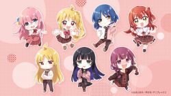 6+girls :d @_@ ahoge black_bow black_hair blonde_hair blue_eyes blue_hair blunt_bangs blunt_ends blush bocchi_the_rock! boots bottle bow bowtie braid brown_boots brown_jacket brown_pants brown_pantyhose brown_shirt brown_shoes brown_skirt buttons center_frills chibi chibi_only closed_mouth collared_shirt colored_inner_hair commentary_request contrast_collar copyright_notice crossed_arms cube_hair_ornament frills full_body gotoh_hitori green_eyes hair_between_eyes hair_bow hair_ornament hand_up highres hiroi_kikuri holding holding_bottle ijichi_nijika ijichi_seika jacket kita_ikuyo lace-up_boots long_hair long_skirt long_sleeves looking_at_viewer multicolored_hair multiple_girls namori neck_ribbon nose_blush official_art one_side_up open_clothes open_jacket open_mouth outline pa-san pants pantyhose parted_bangs pink_hair pink_jacket pink_shirt plaid_clothes plaid_pants plaid_skirt pleated_skirt purple_eyes purple_hair red_background red_bow red_bowtie red_eyes red_hair red_ribbon red_shoes red_skirt ribbon sake_bottle sample_watermark sharp_teeth shirt shoes short_hair short_sleeves side_ponytail single_braid skirt sleeves_past_fingers sleeves_past_wrists smile socks standing striped_clothes striped_pants striped_pantyhose striped_shirt teeth two-tone_shirt upper_teeth_only v-shaped_eyebrows watermark white_outline white_shirt white_shoes white_socks yamada_ryo yellow_eyes