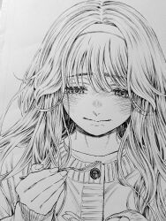 1girl absurdres blush closed_mouth commentary_request fork graphite_(medium) greyscale hair_between_eyes hairband highres holding holding_fork kaoru_hana_wa_rin_to_saku long_hair long_sleeves mikami_saka monochrome official_art simple_background sleeves_past_wrists solo sweater traditional_media waguri_kaoruko white_background