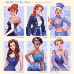 Rule 34 | 6+girls, anastasia (1997), anya (anastasia), bella swan, blue dress, blue hat, blue jacket, blue theme, bob cut, breasts, brown hair, butterfly hair ornament, casey carlyle, character name, check-in attendant (the fifth element), cleavage, commentary, copyright name, dark-skinned female, dark skin, deena jones, dreamgirls, dress, english commentary, fashion, formal clothes, gloves, hair bun, hair ornament, hat, headband, highres, ice princess, jacket, jewelry, long hair, long sleeves, luztapiaart, midriff, multiple drawing challenge, multiple girls, necklace, orange hair, red eyes, red hair, rose dewitt bukater, see-through clothes, see-through sleeves, short hair, single hair bun, the fifth element, titanic (movie), twilight (series), very dark skin, wavy hair, white gloves, white hair