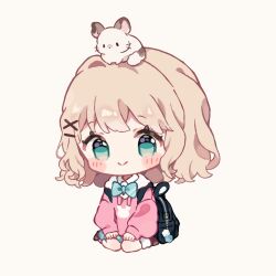 1girl animal animal_on_head aqua_bow aqua_bowtie aqua_eyes aqua_skirt backpack bag bag_charm blonde_hair blush_stickers bow bowtie brown_shoes charm_(object) chibi choppy_bangs closed_mouth collared_shirt commentary drawstring hair_ornament hairclip highres hood hoodie long_sleeves medium_hair napo_(napo_illust) no_pupils on_head original pink_hoodie plaid_clothes plaid_skirt print_hoodie puffy_long_sleeves puffy_sleeves shirt shoes simple_background sitting skirt sleeves_past_wrists smile socks solo split_mouth symbol-only_commentary thick_eyebrows wariza wavy_hair white_background white_shirt white_socks x_hair_ornament