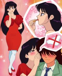 1boy 1girl abstract_background applying_makeup bishoujo_senshi_sailor_moon blush breasts brown_hair cleavage cosmetics dress full_body hair_over_eyes hino_rei jacket kumada_yuuichirou leggings lipstick lipstick_tube long_hair makeup multiple_views no_panties panties purple_eyes purple_hair red_dress red_jacket roxy_rex tied_jacket underwear whispering whispering_in_ear white_leggings