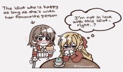 Rule 34 | 2girls, :3, blonde hair, blush, bow, brown eyes, brown hair, cake, claire francois, closed mouth, cup, food, frilled sleeves, frills, hair bow, highres, holding, holding plate, jacket, long hair, long sleeves, multiple girls, plate, rae taylor, red bow, red jacket, short hair, sidelocks, simple background, smile, strawberry shortcake, t4yl0r712, table, teacup, upper body, very long hair, watashi no oshi wa akuyaku reijou, white background