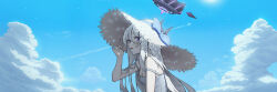 1girl absurdres black_halo black_horns blue_archive blue_sky cloud day demon_girl demon_horns dress from_side hair_between_eyes halo hat highres hina_(blue_archive) horns jmeakat long_hair looking_at_viewer multiple_horns outdoors purple_eyes ribbon sky sleeveless solo sundress upper_body white_dress white_hair wings