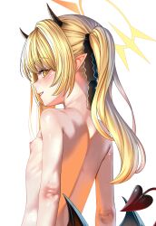 1girl back blonde_hair blue_archive blush ceijin_(rizalagoenk) commentary completely_nude demon_horns demon_tail demon_wings flat_chest halo highres horns ibuki_(blue_archive) loli looking_at_viewer median_furrow nipples nude pointy_ears sideways_glance simple_background smile solo tail upper_body white_background wings yellow_eyes
