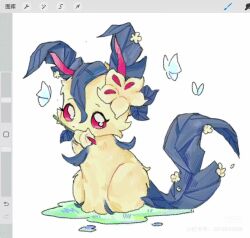 animalization bug butterfly cookie_run cookie_run:_kingdom flower gen_4_pokemon grass insect leafeon looking_at_viewer nintendo pani_5750 pink_eyes pokemon pokemon_(creature) simple_background sitting white_background white_flower white_lily_cookie