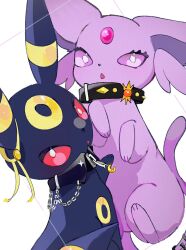 :o animal_focus black_collar black_fur chain collar cyauken_(ouahloup) espeon eyelashes facial_mark forehead_jewel forehead_mark gem gen_2_pokemon highres looking_at_viewer nintendo no_humans open_mouth pink_gemstone pokemon pokemon_(creature) purple_eyes purple_fur red_eyes ribbon simple_background tail umbreon white_background yellow_fur yellow_gemstone yellow_ribbon