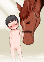 1girl black_hair brown_hair cleft_of_venus closed_mouth collarbone fat_mons flat_chest horse j7w loli naughty_face navel nipples nude original pussy short_hair smile standing uncensored