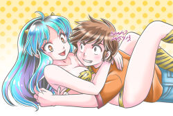 Rule 34 | 1boy, 1girl, :d, ahoge, animal print, aononmi, aqua hair, black stripes, bra, breasts, brown hair, cleavage, collarbone, couple, fang, hetero, highres, horns, long hair, lum, medium breasts, moroboshi ataru, multicolored hair, open mouth, orange eyes, orange shirt, panties, print bra, print socks, shirt, smile, socks, straight hair, strapless, strapless bra, striped bra, striped clothes, striped panties, striped socks, t-shirt, tiger print, tiger stripes, underwear, underwear only, urusei yatsura, yellow bra, yellow panties, yellow socks