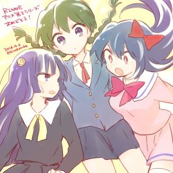 Rule 34 | 3girls, ageha (kyoukai no rinne), blue eyes, blue hair, braid, breasts, green hair, hair ornament, kyoukai no rinne, long hair, lowres, mamiya sakura, multiple girls, open mouth, pink eyes, purple hair, ribbon, school uniform, shima renge, skirt, thighhighs
