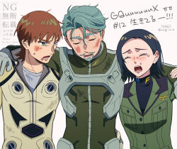 1girl 2boys beard black_hair breasts brown_hair bruise bruise_on_face challia_bull closed_eyes comoli_harcourt dirty dirty_face facial_hair forehead green_eyes green_hair gundam gundam_gquuuuuux highres holding injury jacket long_sleeves mecha_pilot_suit military_uniform mole mole_under_eye mole_under_mouth multiple_boys mustache nagita_(nagi) normal_suit_(gundam) open_mouth science_fiction shirt short_hair smile upper_body xavier_olivette