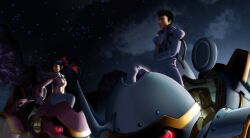 1boy 1girl black_eyes black_hair blue_hair bow breasts brown_eyes fingerless_gloves gloves hair_over_one_eye hair_ribbon highres koubu large_breasts legs mecha military_uniform night oogami_ichirou pointy_hair ponytail red_bow ribbon robot sakura_taisen sega serious shinguuji_sakura sitting thighs