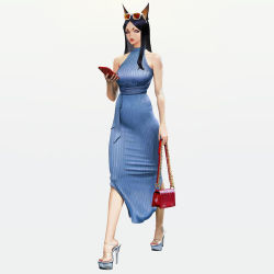 1girl animal_ears arknights bag black_hair blue_dress cellphone contemporary dobermann_(arknights) dog_ears dog_girl dress eyewear_on_head feet female_focus handbag high_heels looking_at_viewer open_mouth phone platform_sandals sandals simple_background solo sunglasses sunglasses_on_head toes white_background wonbin_lee