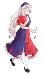 1girl arm_at_side black_shoes blue_dress blue_hat braid breasts collared_dress commentary_request constellation_print cross cross_print curtained_hair dairi defeat dress flats frilled_sleeves frills full_body grey_eyes half-closed_eyes hand_up hat highres large_breasts large_variant_set light_blush long_hair looking_at_viewer messy_hair multicolored_dress nurse_cap pantyhose parted_lips print_dress puffy_short_sleeves puffy_sleeves raised_inner_eyebrows red_cross red_dress scratches shoes short_sleeves sidelocks simple_background single_braid solo sweatdrop tachi-e torn_clothes torn_dress touhou transparent_background variant_set very_long_hair walking white_hair white_pantyhose white_petticoat yagokoro_eirin