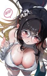 1girl :t absurdres black_hair blush breasts commission from_above glasses goddess_of_victory:_nikke highres large_breasts moran_(nikke) moran_(off-duty_queen)_(nikke) multicolored_hair official_alternate_costume pink_eyes pixiv_commission pout shorts solo speech_bubble streaked_hair torn_clothes torn_shorts yujeuuz