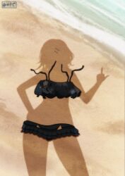 1girl absurdres beach dressed_shadow_(meme) hair_ornament hairclip highres higuchi_madoka idolmaster idolmaster_shiny_colors implied_nudity meme middle_finger outdoors oxicmar sand shadow standing swimsuit unworn_clothes unworn_swimsuit water