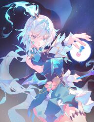 1girl aqua_dress aqua_eyes arm_up bare_shoulders blue_fire blue_hair blunt_bangs broken_glass cerydra_(honkai:_star_rail) chess_piece crown detached_sleeves dress fire floating floating_object from_side glaring glass glowing hair_intakes hashtag-only_commentary head_tilt highres holding holding_staff holding_weapon honkai:_star_rail honkai_(series) jewelry king_(chess) long_hair long_sleeves looking_at_viewer looking_to_the_side low_ponytail multicolored_eyes multicolored_hair open_mouth ponytail puffy_long_sleeves puffy_sleeves reaching shade shiita34 sky sleeveless solo space staff star_(sky) starry_sky thighlet thighs wavy_hair weapon wide_sleeves