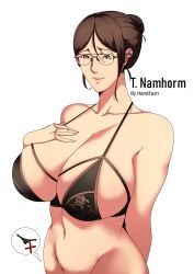 Rule 34 | 1girl, absurdres, arm behind back, bikini, bikini top only, bottomless, breasts, brown eyes, brown hair, cleavage, glasses, hair bun, hand on own chest, harstfazn, highres, huge breasts, lipstick, looking at viewer, makeup, mature female, namhorm (puzenketsu), navel, smile, swimsuit