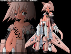 1girl aircraft airplane animal_ears blush cat_ears claw_(weapon) cleft_of_venus collarbone dark-skinned_female dark_skin f-14 f-14_tomcat flat_chest gluteal_fold grey_eyes inverted_nipples jet loli looking_at_viewer mecha_musume military multiple_views navel nipples nude open_mouth original pussy small_areolae tail uncensored weapon yone88 yonezuka_ryou