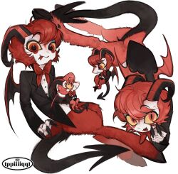 Rule 34 | 2boys, brothers, dazzle (hazbin hotel), demon boy, demon horns, demon tail, demon wings, hazbin hotel, hellaverse, highres, hooves, horns, looking at viewer, multiple boys, razzle (hazbin hotel), red eyes, red fur, sharp teeth, siblings, tail, teeth, tppiiiiqqt, twins, wings