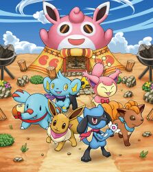 absurdres badge bag blue_sky bow bowtie cloud coal creatures_(company) eevee flower game_freak gen_1_pokemon gen_2_pokemon gen_3_pokemon gen_4_pokemon highres ladder nintendo no_humans official_art phanpy plant pokemon pokemon_(creature) pokemon_mystery_dungeon pokemon_mystery_dungeon:_explorers_of_time/darkness/sky promotional_art riolu scarf shinx skitty sky tent vulpix wigglytuff