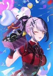 1girl ;d absurdres balloon black_corset black_hair black_ribbon blue_sky box confetti corset dress fang gift gift_box grey_hair heart_balloon higeji_(higeji404) highres hololive hololive_english jewelry multicolored_hair necklace novelites_(shiori_novella) official_alternate_costume official_alternate_hairstyle one_eye_closed open_mouth ponytail red_dress ribbon shiori_novella shiori_novella_(casual) skin_fang sky smile split-color_hair virtual_youtuber yellow_eyes yorick_(shiori_novella)