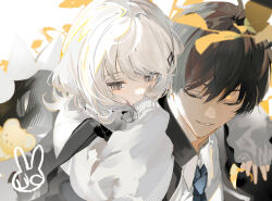 1boy 1girl absurdres black_hair black_necktie cardigan carrying closed_eyes collared_shirt forever_7th_capital grey_cardigan grey_eyes hair_between_eyes highres male_commander_(forever_7th_capital) necktie rrrr_222 seraphim_(forever_7th_capital) shirt short_hair shoulder_carry smile upper_body white_hair