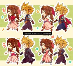 ! 1boy 1girl aerith_gainsborough alternate_universe armor baggy_pants bandaged_arm bandages bangle bare_arms bare_shoulders belt black_gloves black_pants black_vest blonde_hair blue_pants blue_shirt boots bracelet braid braided_ponytail brown_belt brown_boots brown_gloves brown_hair buttons chibi chibi_only choker cloak closed_eyes cloud_strife couple cropped_jacket dissidia_final_fantasy dress final_fantasy final_fantasy_vii final_fantasy_vii_advent_children final_fantasy_vii_remake full_body gloves green_background hair_between_eyes hair_ribbon halter_dress halterneck hetero holding_hands jacket jewelry kingdom_hearts kurohyn long_dress long_hair multiple_views official_alternate_costume pants parted_bangs pauldrons pink_dress pink_ribbon popped_collar puffy_short_sleeves puffy_sleeves purple_belt red_cloak red_jacket red_ribbon ribbon ribbon_choker shirt short_hair short_sleeves shoulder_armor sidelocks silver_trim single_braid single_pauldron sleeveless sleeveless_turtleneck smile spiked_hair suspenders torn_cloak torn_clothes turtleneck vest waist_cape walking watermark white_boots