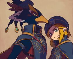 2boys alternate_costume aqua_eyes beak beret bird_boy blonde_hair blue_cape blue_fur blue_hair blue_headwear blue_shirt blush_stickers body_fur braid brown_background cape closed_mouth collared_cape feathers furry furry_male gem green_eyes green_gemstone hair_tie half-closed_eyes hat hat_feather high_collar link looking_at_viewer male_focus mini_hat multiple_boys open_mouth pointy_ears ponytail profile quad_tails red_feathers revali rito royal_guard_set_(zelda) shirt short_hair sidelocks simple_background standing the_legend_of_zelda the_legend_of_zelda:_breath_of_the_wild tilted_headwear triforce two-tone_fur ukata upper_body v-shaped_eyebrows white_fur