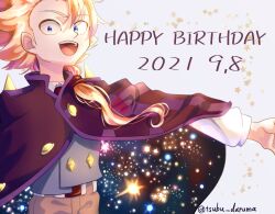 1boy beyblade beyblade:_burst blonde_hair blue_eyes blue_vest capelet commentary_request cowboy_shot dated hair_between_eyes happy_birthday highres komurasaki_wakiya looking_at_viewer male_focus open_mouth ponytail solo sparkle teeth tsubu_daruma twitter_username upper_teeth_only vest
