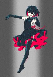 Rule 34 | 1girl, absurdres, black dress, black eyes, black gloves, black hair, black thighhighs, breasts, colored inner hair, commentary request, dancing, dress, elbow gloves, empty eyes, film grain, full body, gloves, grey background, hands up, highres, looking at viewer, manimani (mani ma), medium breasts, monogatari (series), multicolored hair, no shoes, open mouth, oshino ougi, outstretched arm, pale skin, red hair, short hair, sleeveless, sleeveless dress, smile, solo, standing, standing on one leg, thighhighs