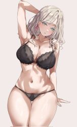1girl arm_behind_head black_bra black_panties blue_eyes bra breasts carskey1120 ceras_yanagida_lilienfeld cleavage grey_hair highres large_breasts link!_like!_love_live! long_hair looking_at_viewer love_live! navel panties parted_lips solo thigh_gap underwear wide_hips