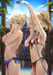 2girls ahoge artoria_pendragon_(fate) bare_shoulders bikini blonde_hair blood blue_bikini blue_ribbon blue_sky braid breasts closed_mouth fate/apocrypha fate/grand_order fate/stay_night fate_(series) from_side green_eyes hair_bun hair_ribbon leaves long_hair looking_at_viewer mordred_(fate) mordred_(fate/apocrypha) mother_and_daughter multiple_girls navel no_eyes nosebleed outdoor_bath outdoors parted_bangs ponytail red_bikini ribbon ribs saber_(fate) sideboob sidelocks sky small_breasts stomach swimsuit thighs tonee topless_female wet wet_hair