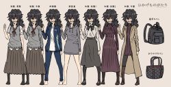 1girl backpack bag black_hair boots reference_sheet copyright_name dress full_body handbag hikage_monogatari hood hoodie igarashi_kasumi_(hikage_monogatari) jacket knee_boots long_skirt nerdy_girl&#039;s_story pantyhose ponytail school_uniform shaded_face sharp_teeth simple_background skirt sweater sweater_dress teeth track_suit translated turtleneck turtleneck_sweater urin