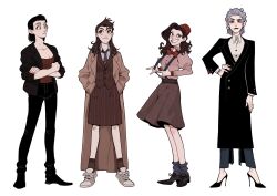 4girls alternate_hair_length alternate_hairstyle black_coat black_hair black_jacket black_lips black_nails black_pants black_shoes black_socks blue_eyes blue_pants bow bowtie breasts brown_coat brown_eyes brown_hair brown_jacket brown_shoes brown_skirt brown_socks chinese_commentary cleavage closed_mouth coat collarbone collared_shirt commentary_request crossed_arms doctor_who eleventh_doctor_(doctor_who) fez_hat full_body genderswap genderswap_(mtf) grey_eyes grey_hair hand_on_own_hip hands_in_pockets hat high_heels highres jacket juanmao juliet_sleeves long_sleeves looking_to_the_side looking_up medium_hair multiple_girls ninth_doctor_(doctor_who) open_clothes open_coat open_jacket open_mouth pants pink_shirt pinstripe_jacket pinstripe_pattern pinstripe_shirt pinstripe_skirt puffy_sleeves red_bow red_bowtie red_hat red_shirt shirt shoes short_hair simple_background skirt smile socks standing stiletto_heels suit_jacket suspenders_pull teeth tenth_doctor_(doctor_who) the_doctor_(doctor_who) trench_coat twelfth_doctor_(doctor_who) white_background white_shirt white_shoes