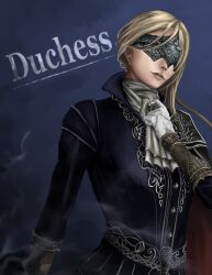 1girl absurdres ascot blonde_hair blue_jacket character_name duchess_(elden_ring) elden_ring elden_ring_nightreign eye_mask gloves highres jacket lips long_sleeves nose painapo0731 solo upper_body white_ascot white_gloves